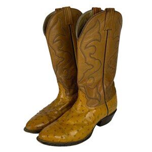 Vintage Larry Mahan Nocona Full Quill Ostrich Cowboy Boots 9D Peanut Brittle